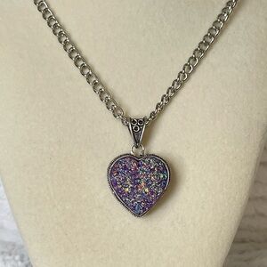 Crystal multi color druzy heart pendant necklace